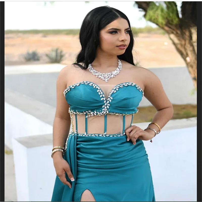 Personalizado pavão azul fenda lateral strass vestido de baile ilusão espartilho sexy vestidos de noche trem varredura elegante vestido formal