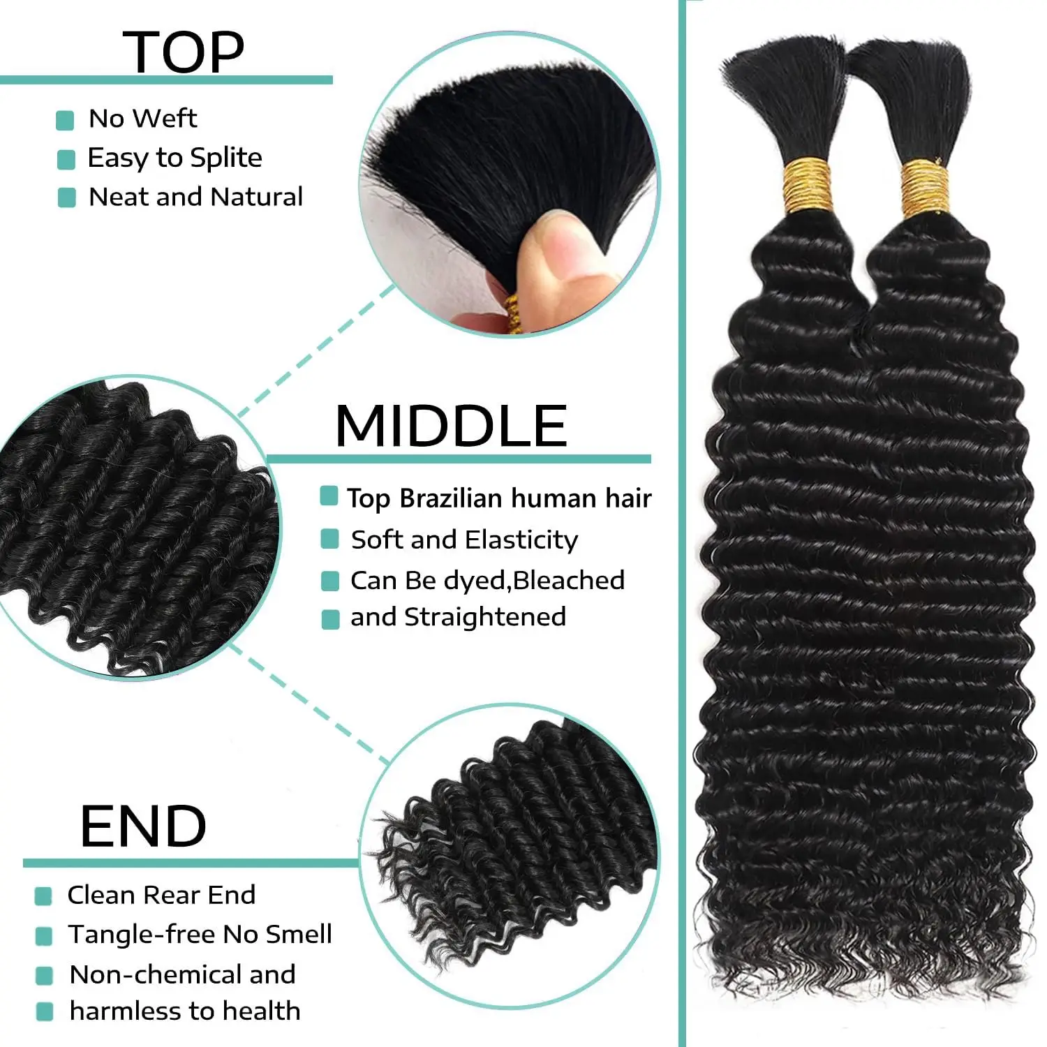 Boho Hair for Braiding Deep Wave Braids Human Hair 16 Inch Bulk Bundles