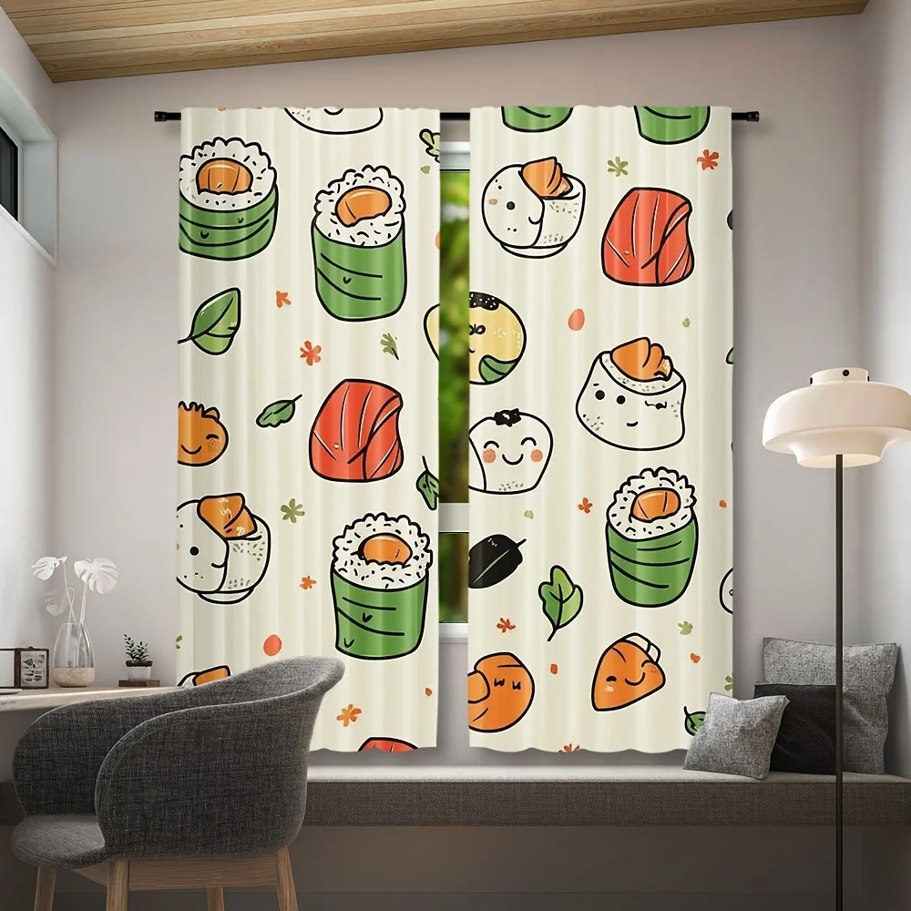 Smiling Sushi Roll Blackout Rod Pocket Curtain Fresh Salmon Leaf Decor Food Shop Homestay Dining Rest Bay Window