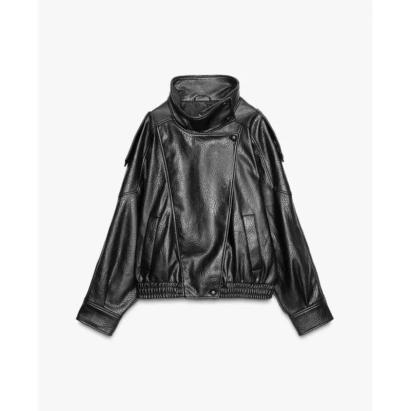 Frauen Lange Sve Zipper Kunstleder Jaet Stehkragen Mantel Herbst Neue Ankunft Casual Pendeln Sle Lose Fit Leder Mantel