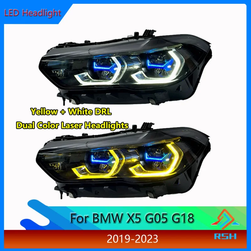 For BMW X5 G05 G18 Headlight Assembly 2019-2023 Models Modified Laser Projector Headlights With Dual Yellow And White Colors