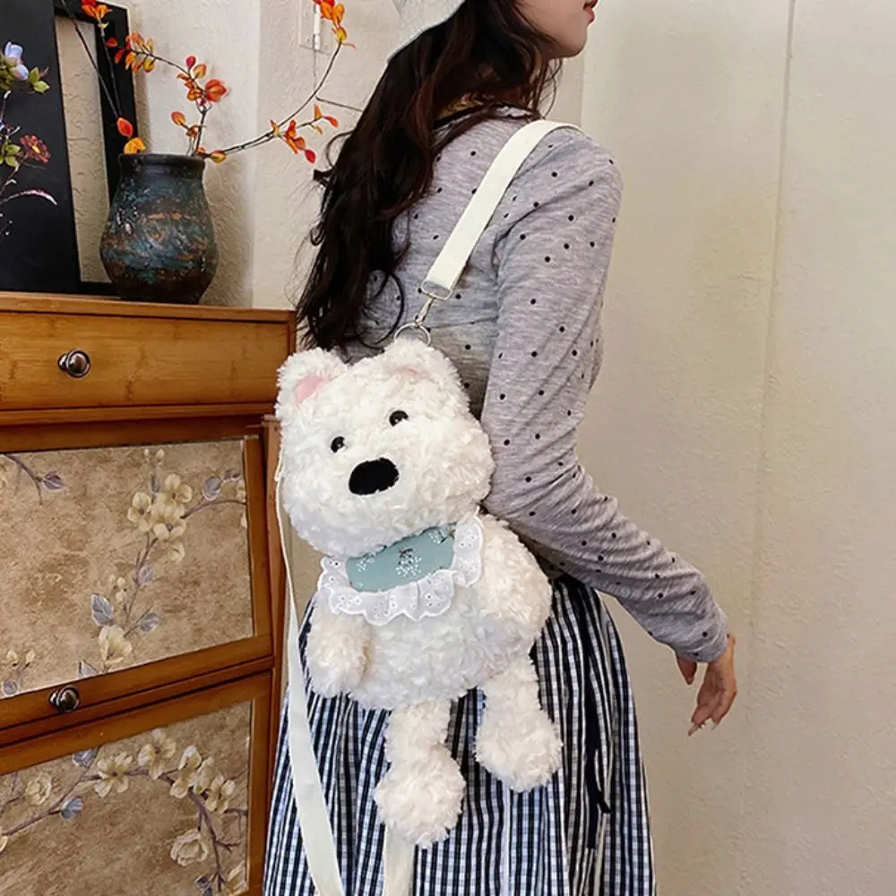 

PP Cotton Westie Dog Backpack Shoulder Bag Collection Plushie Fur Bag Portable Soft Stuffed Running Dog Knapsack