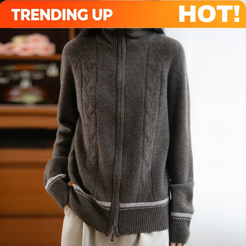Customization 100% Pure Wool Cardigan For Women With Two-Way Zipper Large High Collar Color-Blocking Thickened Knit Sweater Jack