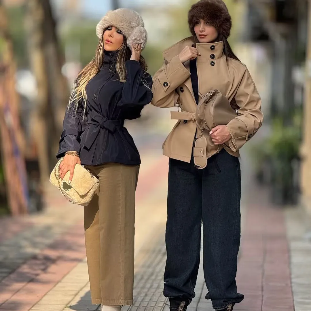 Faionable Women's Autumn Winter Coat Double Row Button Belted ZR Sle Versatile ort Outerwear Polyester Fiber Warmth