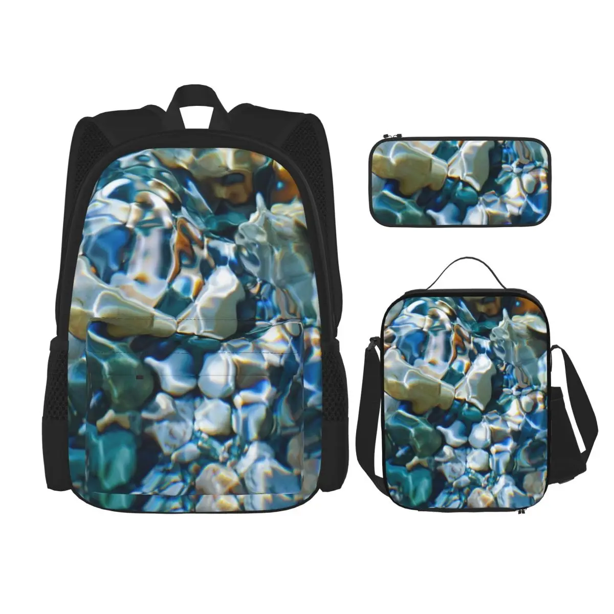 Crystal Clear Water Pebbles Backpacks Boys Girls Bookbag Students School Bags Kids Rucksack Lunch Bag Pen Bag Three-Piece Set