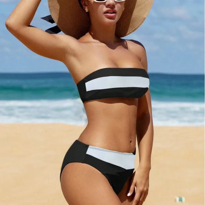 2026 European New Arrival, Stylish Color Block Strapless Split Bikini, Sexy Swimwear for Women