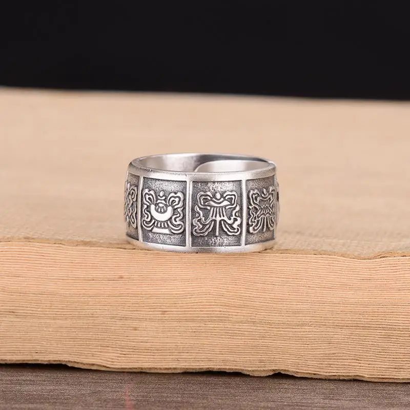 New Arrival Auspicious Eight Treasures Ring for Men Vintage Wide Band Statement Ring Chinese Design Adjustable Masculine Jewelry