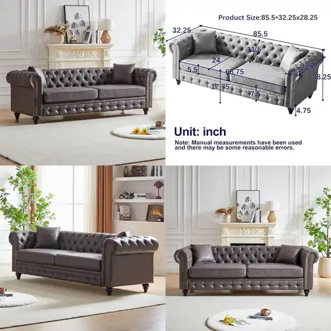 KEIKI Chesterfield Sofa, Retro Tech Fabric 3 Seater Upholstered Couch with Rolled Arm for Living Room Bedroom Office, Grey