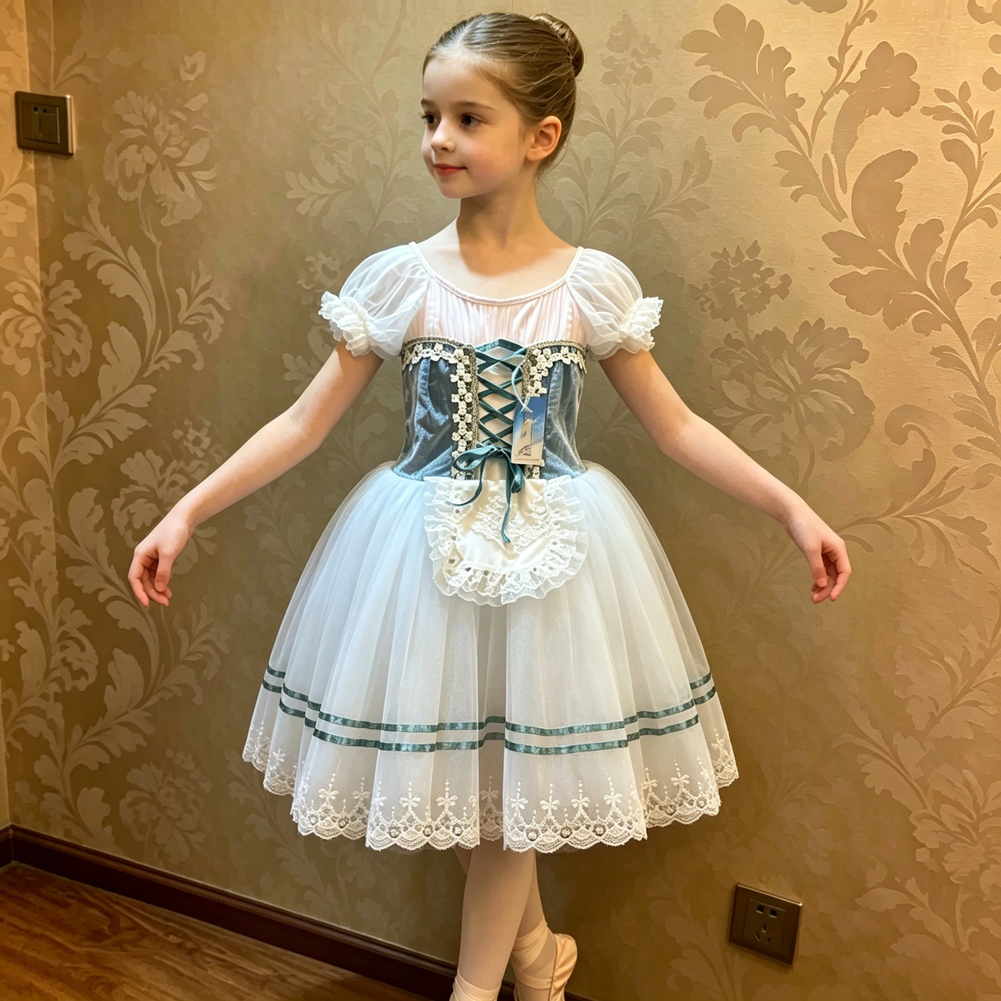 Professionelles, elegantes Ballettkleid mit Puffärmeln, Schleifen und Spitze, Ballerina-Performance-Accessoires, Ballett-Tanzkleidung für Kinder und Mädchen