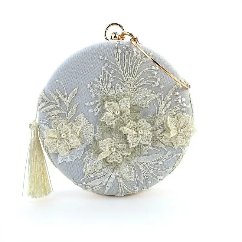 Vintage Handbag for Women Embroidered Handmade Beaded Purses Retro Pearl Banquet Evening Bag Chinese Style Appliques Round Bag