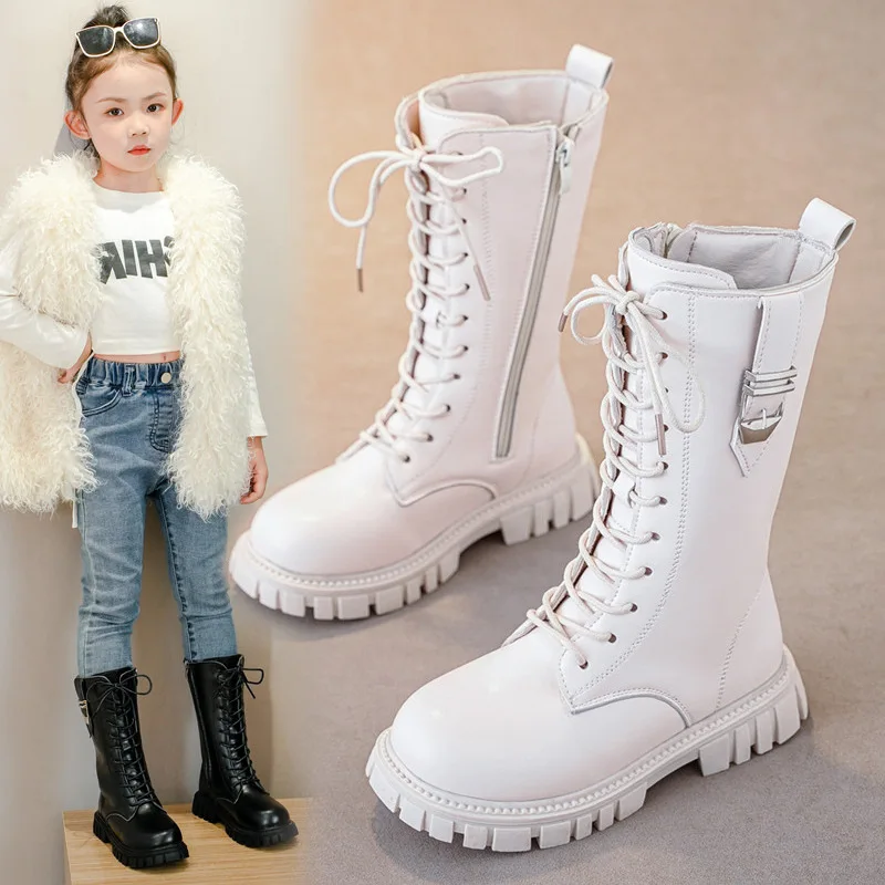 Girls White Lace-Up Boots Booties Side Zipper Soft Bottom Leather Dress/School Riding Boot Kids Autumn/Winter Fashion Mid Boots