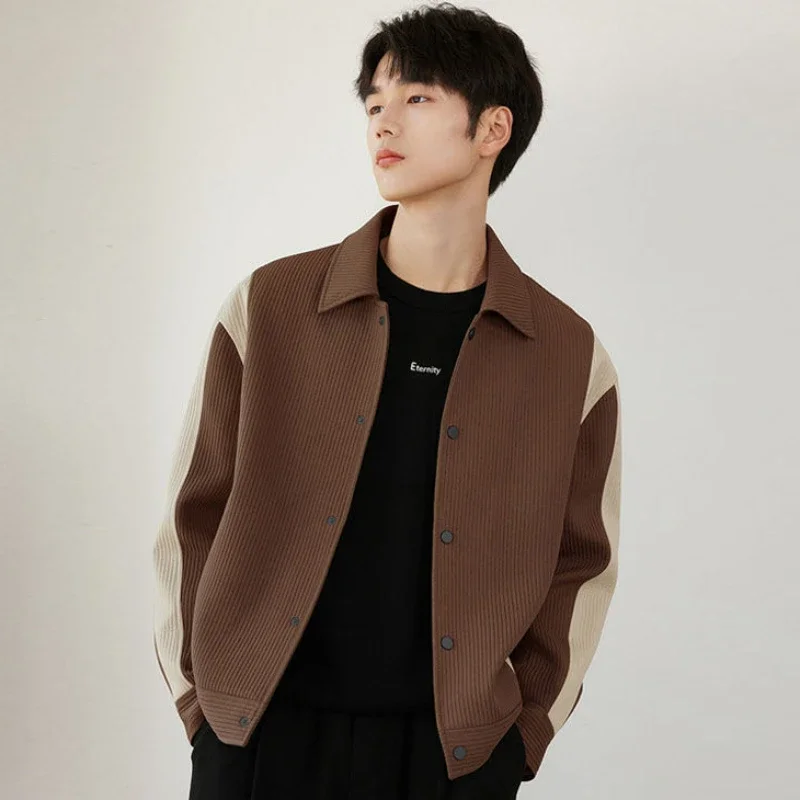 

Весенне-осеннее молодежное повседневное пальто с лацканами в корейском стиле, верхняя одежда большого размера, полосатая мужская куртка в стиле пэчворк контрастного цвета