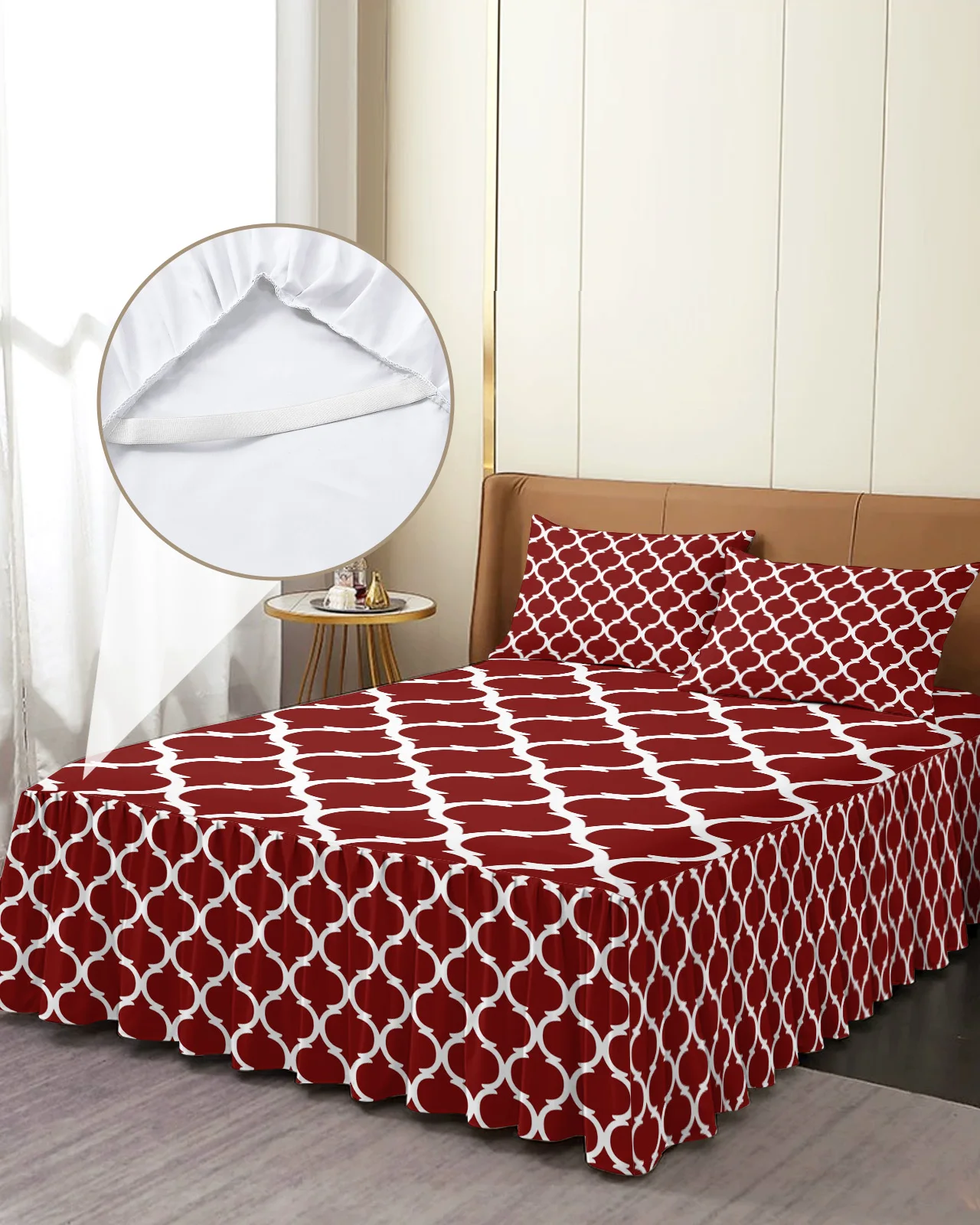 Geometric Morocco Wine Red Bed Skirt Elastic Fitted Bedspread With Pillowcases Mattress Cover Bedding Set Bed Sheet