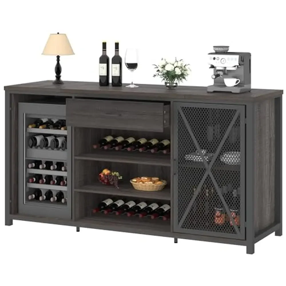 Large Liquor Cabinet with Wine Rack Refrigerator Space Rustic Wood Metal Bar Storage Cabinet Industrial Farmhouse Style High