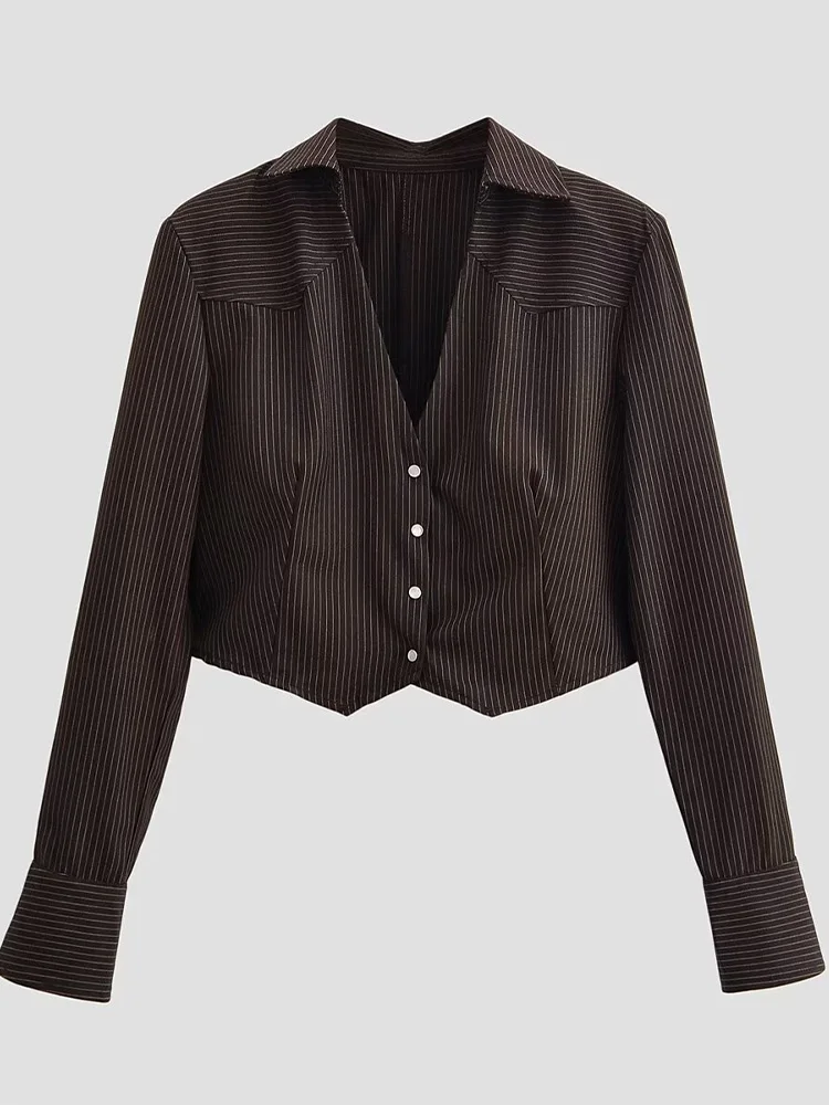 HH femme élégant simple boutonnage rayures chemise courte ample femmes printemps déplacements polyvalent manches longues Streetwear col en v hauts