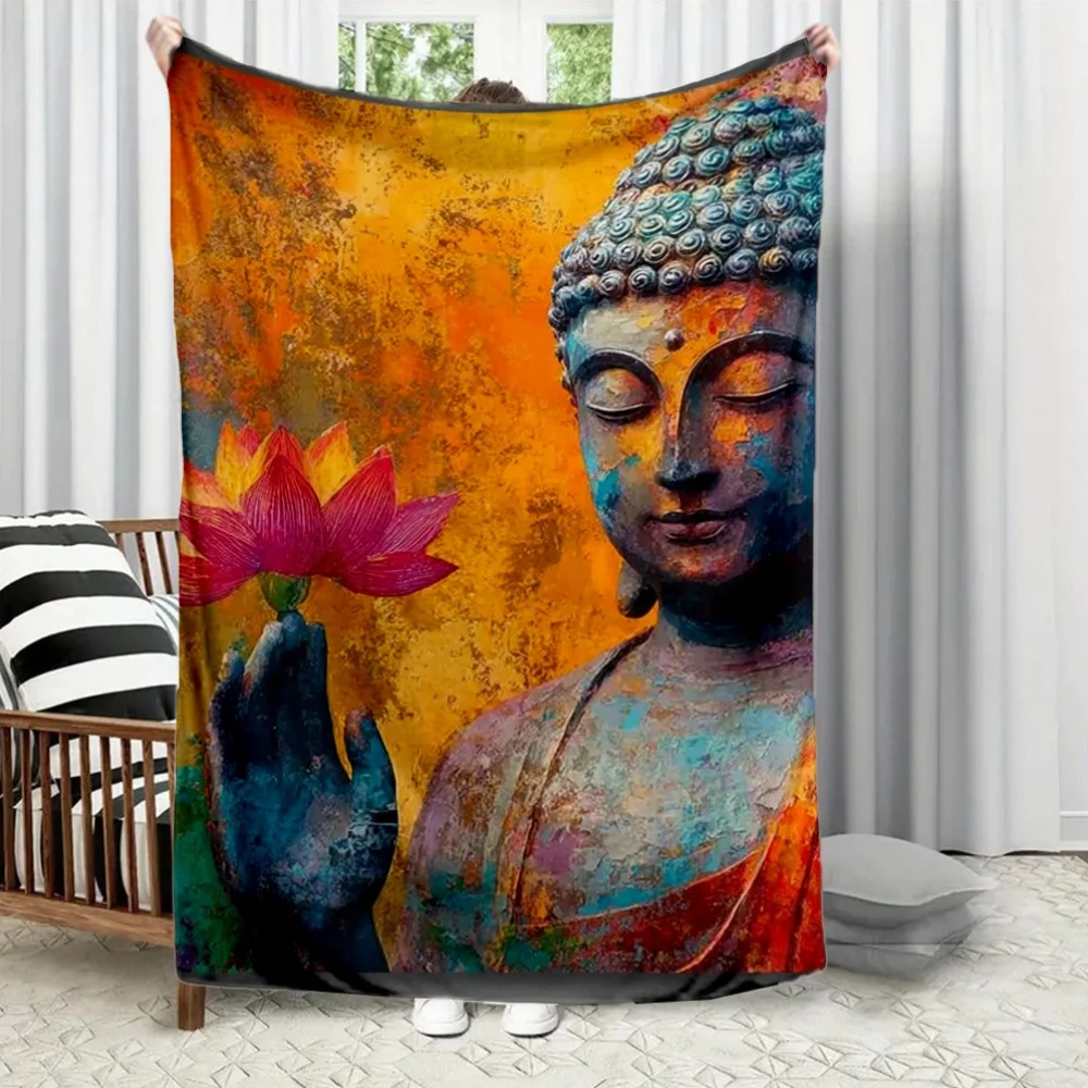 Retro Buddha Lotus Flower Flannel printed blanket suitable for all seasons suitable for living room office sofa and travel