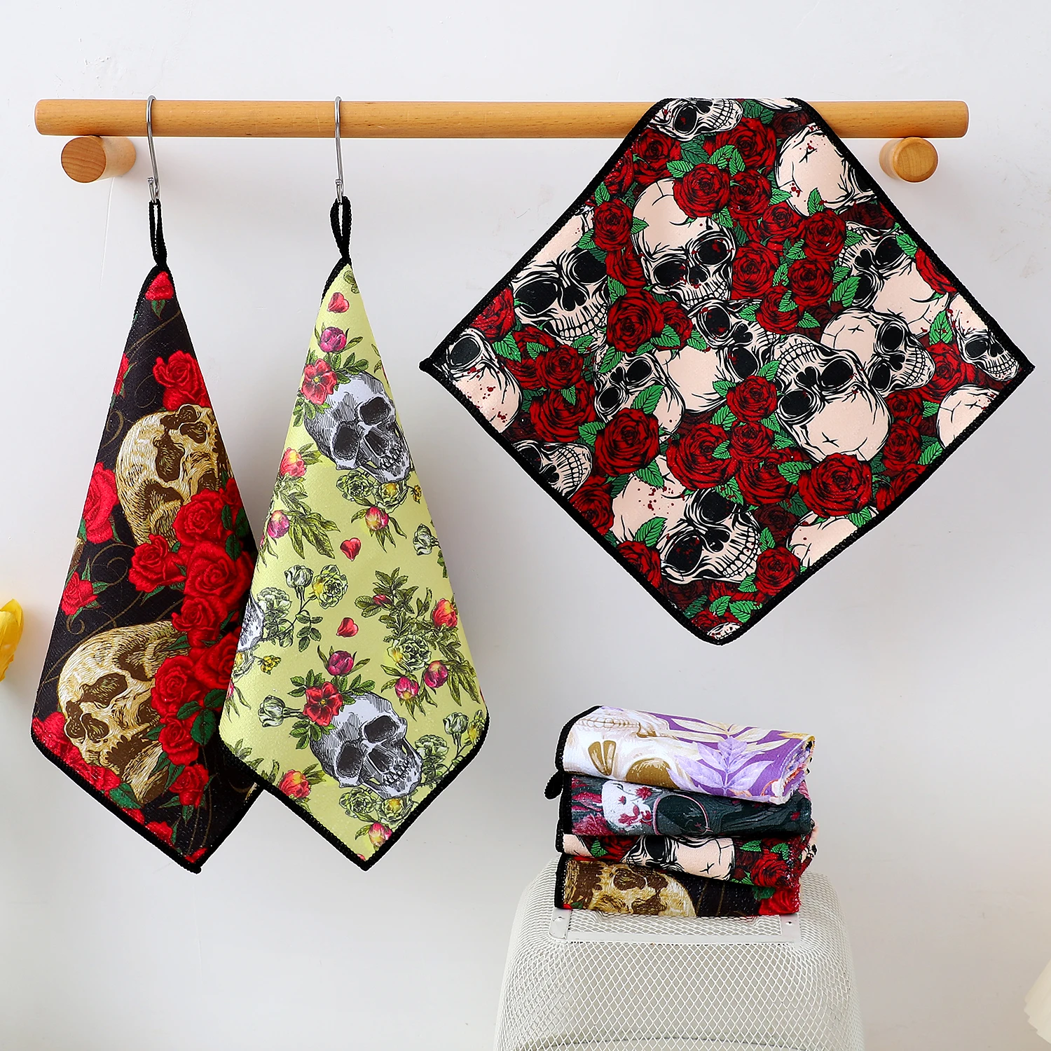 1/5pcs Day of the Death Skulls and Roses Style Microfiber cleaning Household Cloth, Kitchen Decoration Tableware Wiping