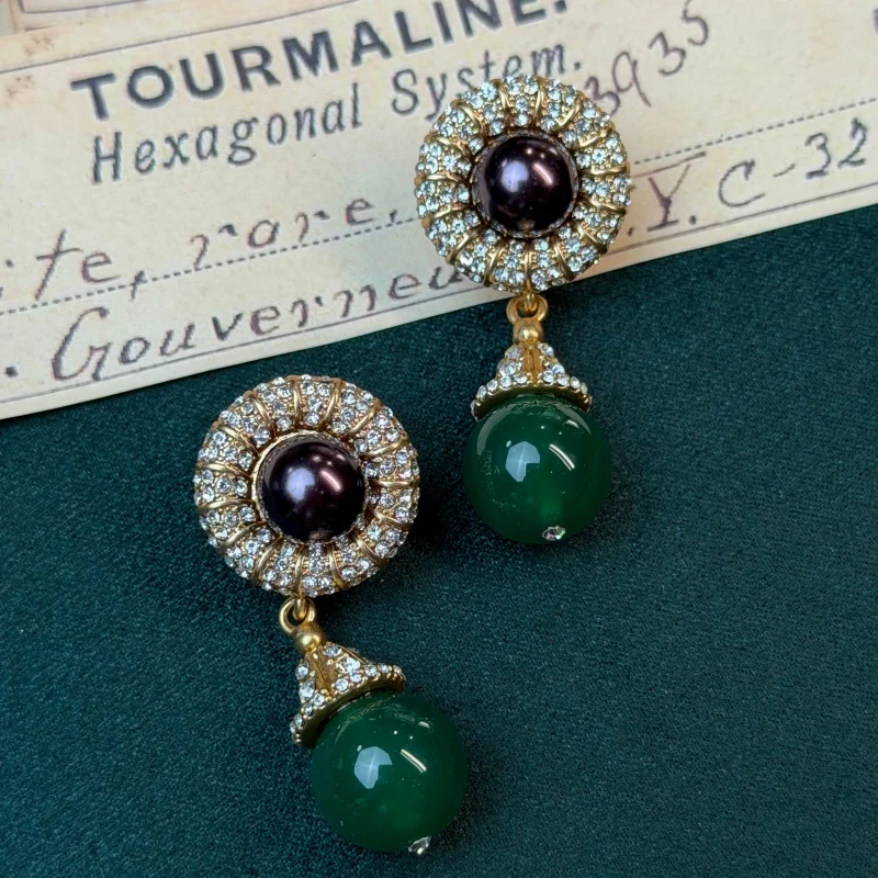 

Luxury Designer Green Agate Drop Earrings For Woman Purple Pearl Antique Vintage Jewelry 18k Gold Color Retro Jewelry Wedding