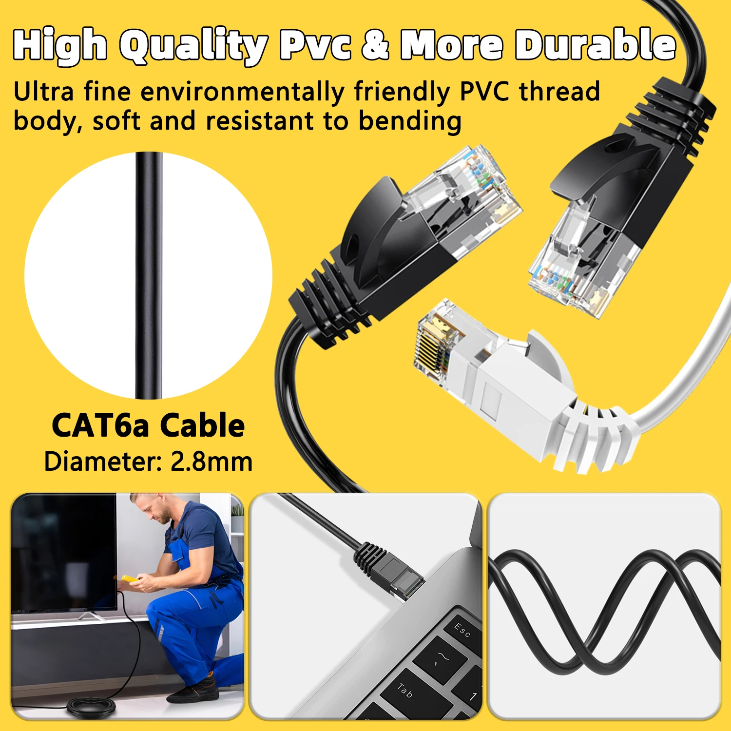 Ultra Slim Cat6A Ethernet Cable LAN Ethernet Cable 10Gbps 550MHz UTP Cat 6a Network Cable Thin Patch Cable for Router, Modem