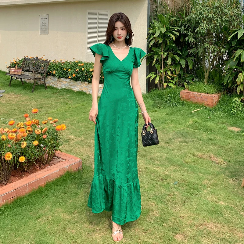 French Vintage New Summer Green Satin Long Mermaid Dress Elegant Women V Neck Ruffles Sleeve Jacquard High Waist Prom Party Robe