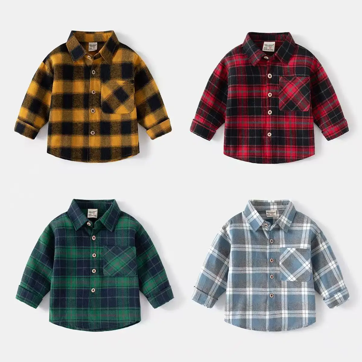 Boys Plaid Long Sleeve Cotton Shirt Spring New Korean Stylish Lapel Blouse For Middle & Little Kids Boys