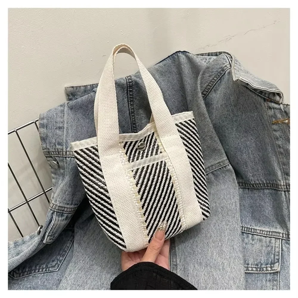 Portable Contrast Color Stripe Weave Bag Stripe Pattern Soft Polyester Small Cloth Bag Tote Bag Casual Use