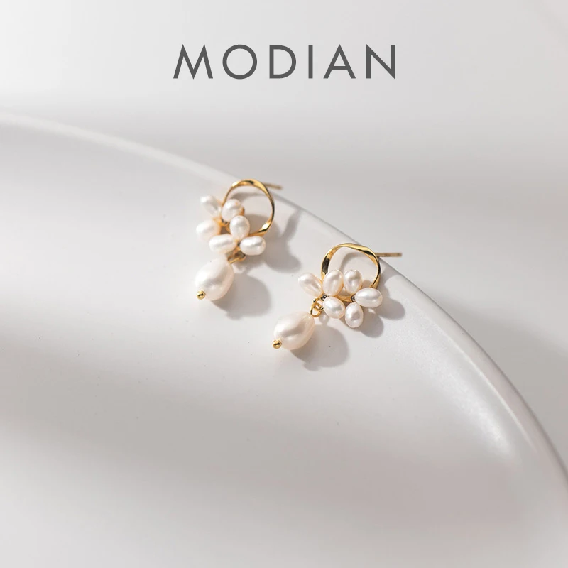 

Modian Authentic 925 Sterling Silver Pearl Flower Shape Earring for Women Luxury Gold Color Hoop Earring Fine Jewelry Brincos