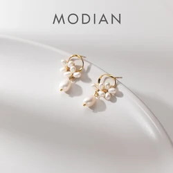 Modian Authentic 925 Sterling Silver Pearl Flower Shape Earring for Women Luxury Gold Color Hoop Earring Fine Jewelry Brincos