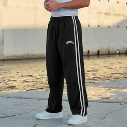 YOUNG Men's Sports Pants Double Strip Splicing Printed Casual Pants Gym Fitness Mid Waist Straight Leg Pants