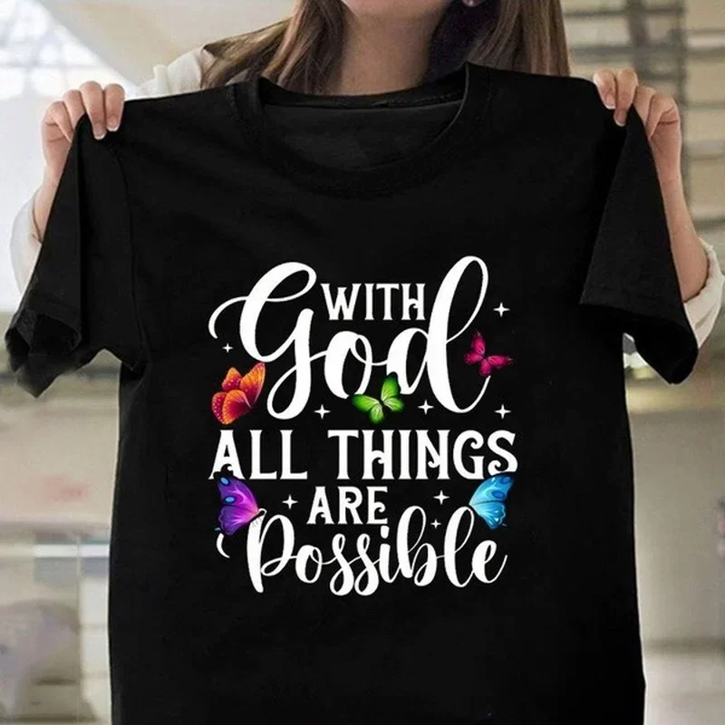 With God All Things Are Possible Letter Print Women T Shirt Short Sleeve O Neck Loose Women Tshirt Ladies Tee Shirt Tops Mujer