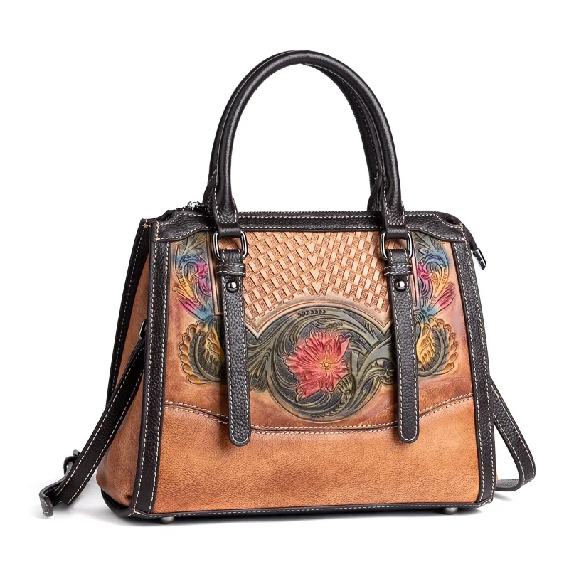 

Vintage Ladies Genuine Leather Tote Bag Floral Real Cow Leather Handbag For Women 2024 New Handmade Shoulder or Crossbody Bags