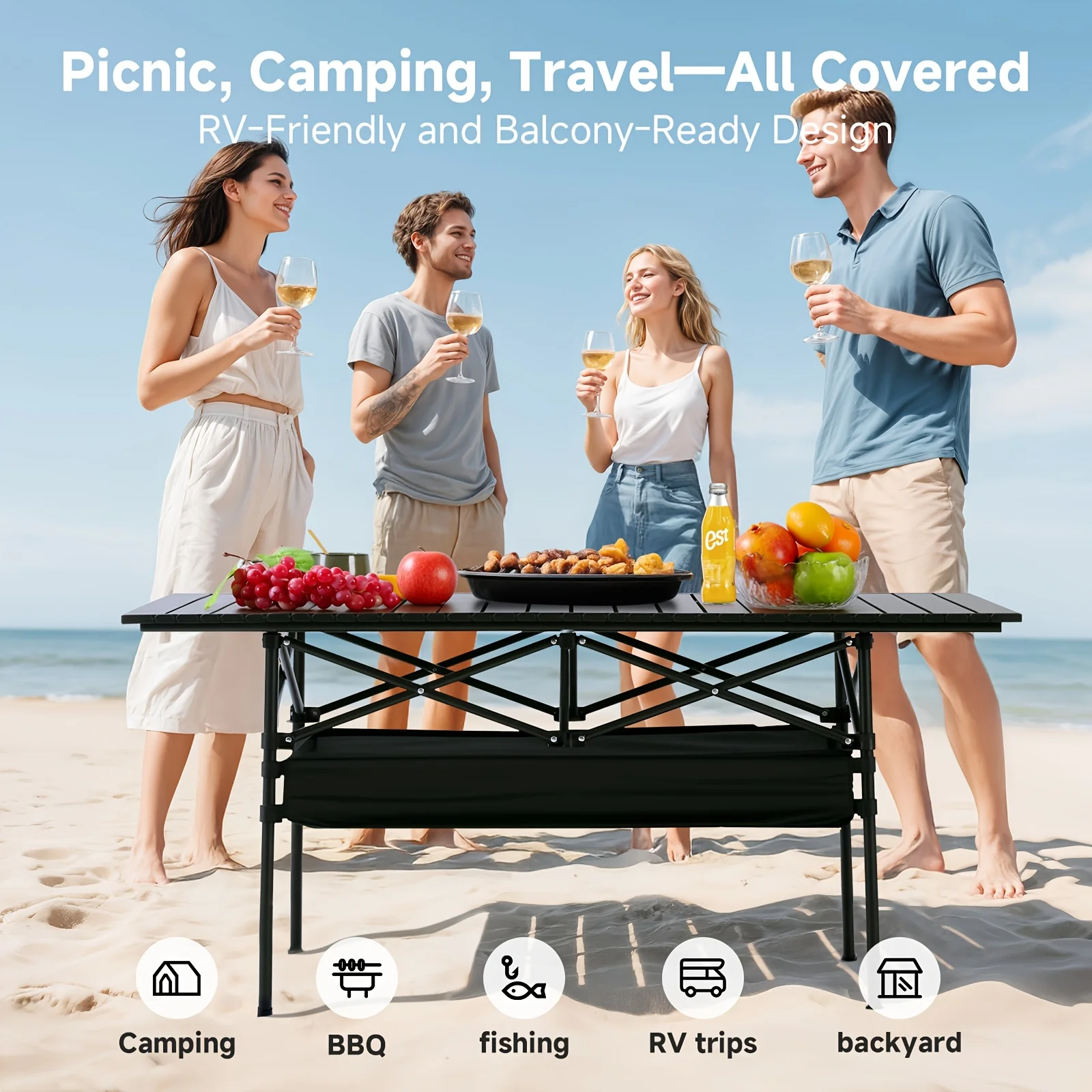 Klappbarer Outdoor-Tisch mit Netztasche & Verstellbarer Höhe - Tragbarer Klapptisch Geeignet für Camping, Grillen, Picknick