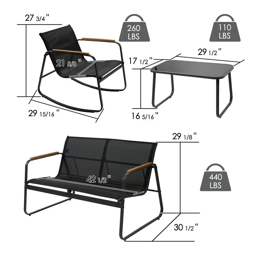 

4Piece Outdoor Patio Furniture Set with Textilene Chairs, Metal Conversation Set, Tempered Glass Coffee Table, PowderCoated Ste