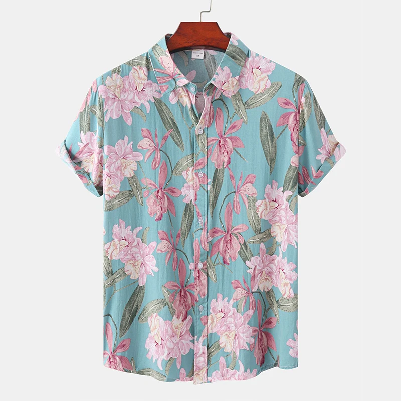 New Men\'s Summer Flower Short Sleeve Hawaiian Beach Male Shirts For Men Casual Blouse Dress Slim Fit Rockabilly Social Harajuku