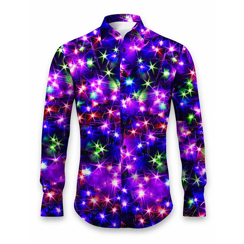 

3D Print Colorful Casual Shirts For Men Long Sleeve Button Up Bright Light Pattern Festival Shirts Mens Tees Camisa Masculina