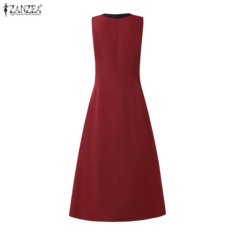 ZANZEA Elegantes ärmelloses Partykleid mit V-Ausschnitt für Damen, Sommer-Patchwork-Sommerkleid, stilvolles, tailliertes A-Linien-Kleid, Urlaubs-Midi-Robe – Detail 14