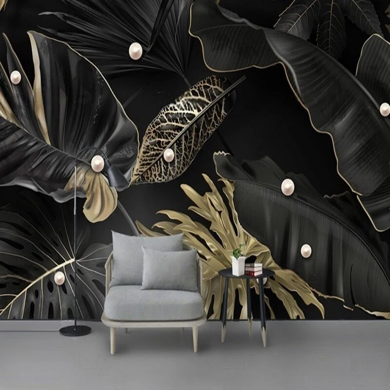 

MU9146 Modern elegant and high-end black and gold leaf pearl relief custom TV bedroom home decoration background wall