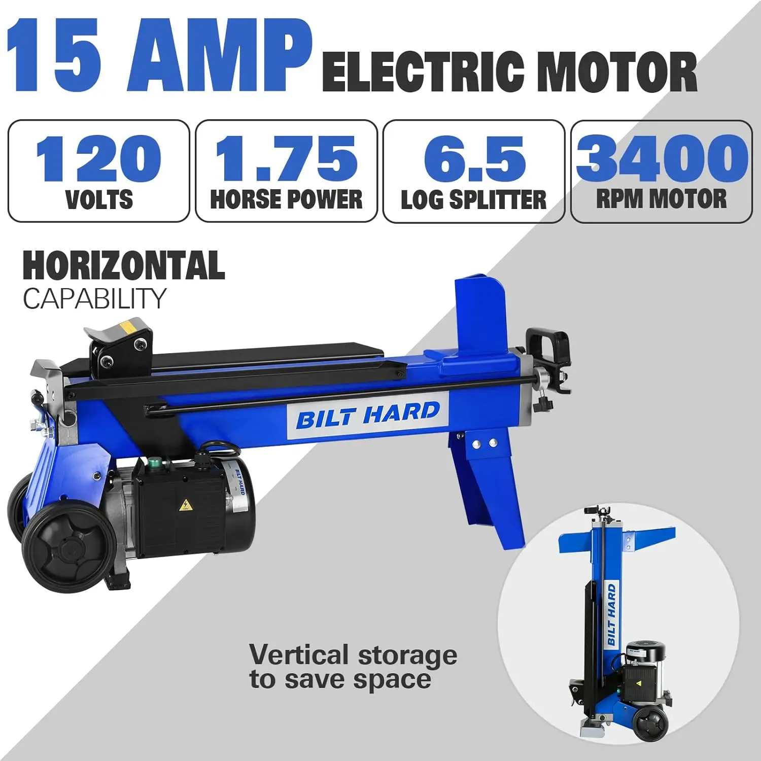 Electric Log Splitter 6.5 Ton with Stand,Wood Splitter Electric Powered 15 Amp Motor with Hydraulic Ram