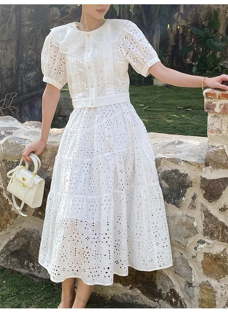 

Crop Tops Sets 2024 Summer Fashion 2 Piece Set High Quality Clothing Set Lady Sexy White Blouses+High Waist Long Maxi Skirt Suit