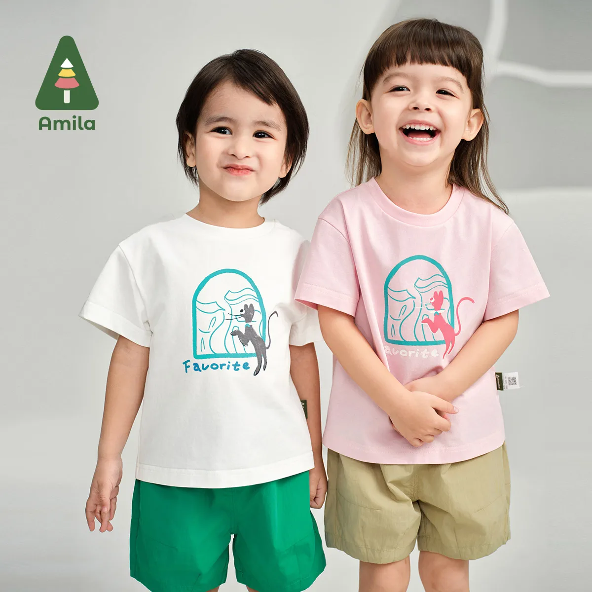 Amila 2024 Summer New Family Collection Pure Color Cartoon Print Cotton Pink White T-shirt Kids Clothing 0-6Y