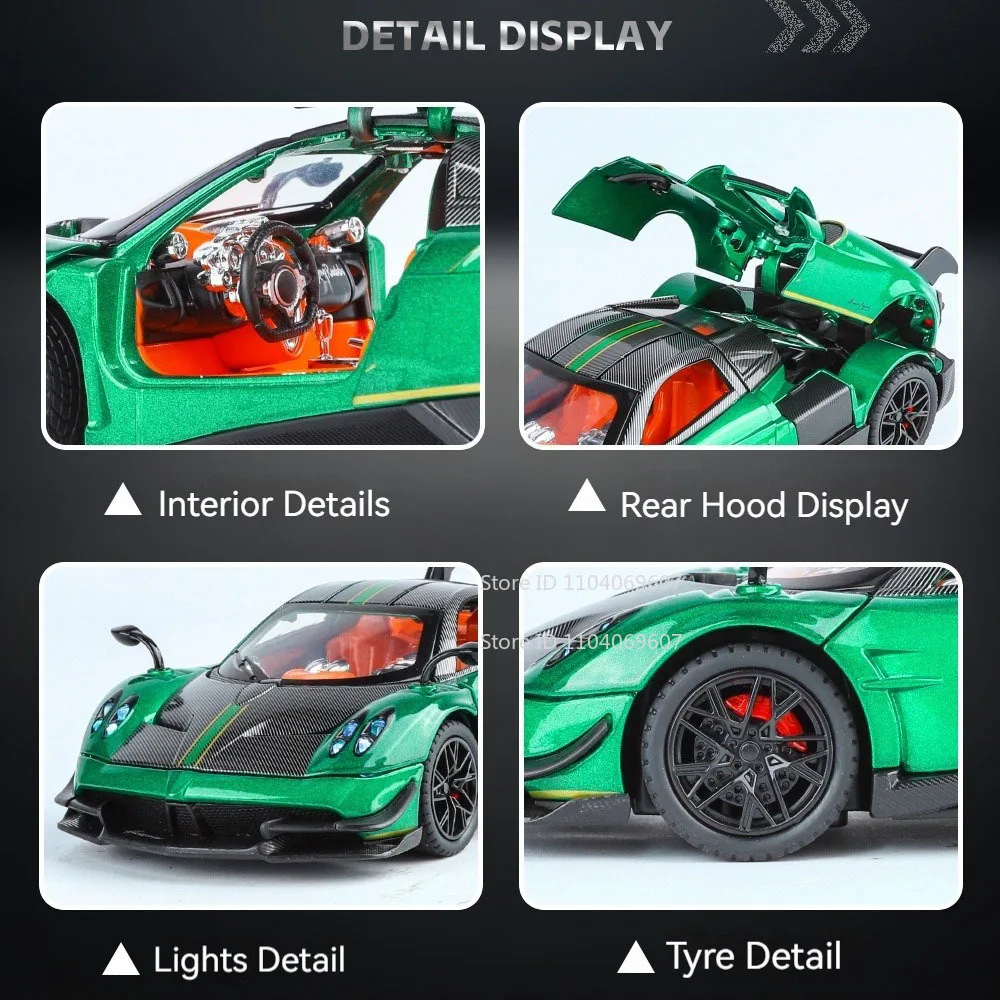 1:24 Schaal Auto Speelgoed Pagani Huayra Spray Versie Modellen Legering Diecast Sportwagens Geluid Licht Deuren Geopend Trek voor Jongen Geschenken