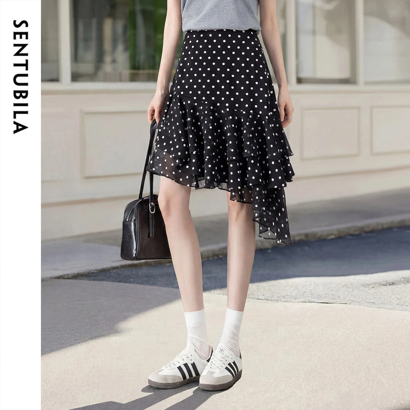 SENTUBILA Vintage Asymmetrical Polka Dot Skirt for Women Summer Multi-layer Ruffle Spliced Design A-Line Print Skirt 162QE7113
