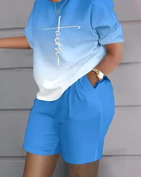 Roupa feminina de 2 peças estampada em letra, gola O, camiseta de manga curta, blusa e shorts, moda casual, terno com bolso