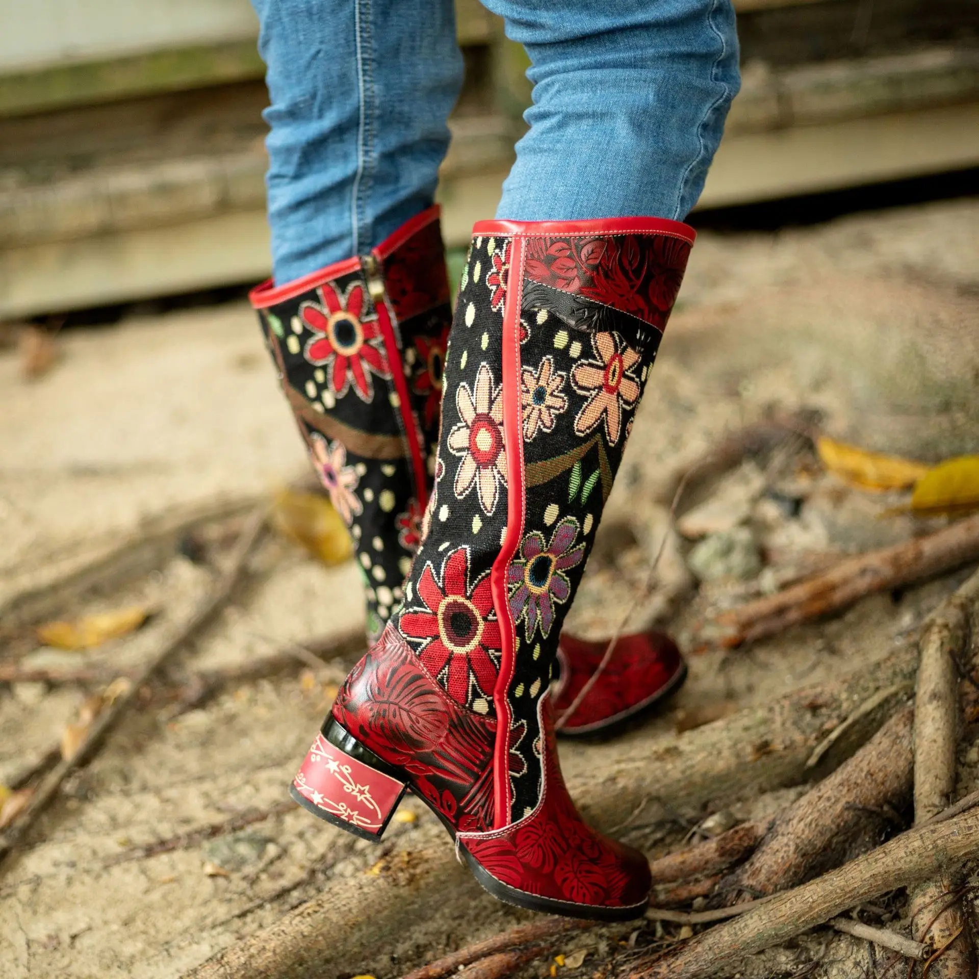 Socofy Raffan High Boots Knee-High ZlP Genuine leather flowers Ethnic Retro Women Shoes Winter Long Boots