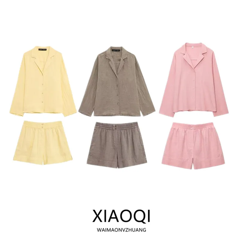 

New Summer 2025 Women's Casual Linen Long Sve V-Ne irt Mid-Waist ort Pants Faion Set for Younger Women Aged 25-35