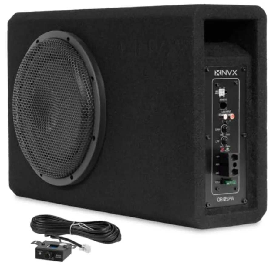 

Car truck subwoofer enclosure: shallow slot-ported MDF cabinet black finish 10 1200W 350W RMS built-in amplifier with metal gri