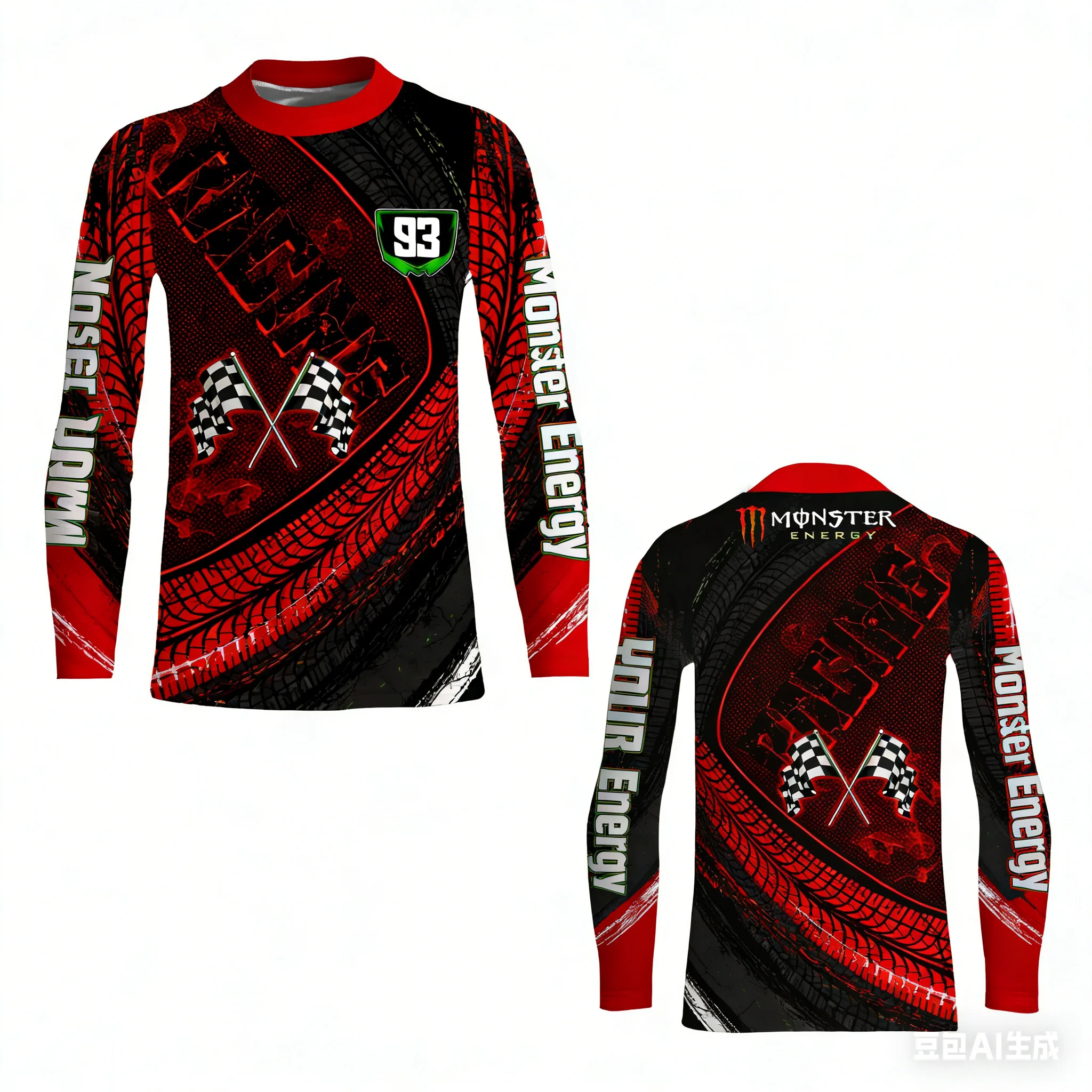 ¡Los entusiastas de las motos sacuden las calles! Camiseta Funcional de Manga Larga 3D con Diseño de Banda de Rodadura de Neumático Monster Energy Mark 93, Verde y Negro