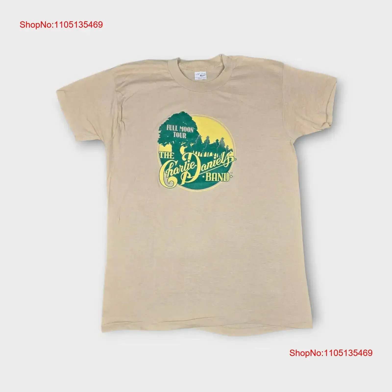 

Vintage 80s Charlie Daniels Band Full Moon Tour T Shirt Music Tan USA vintage Washed Versatile streetwear Top For Everyday Wear