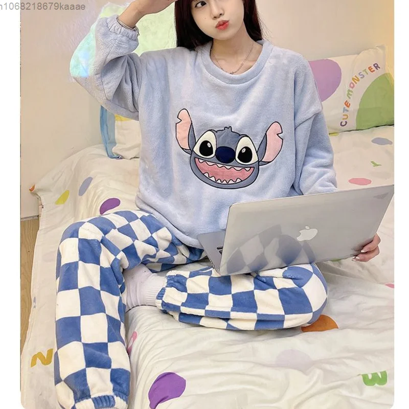 Stitch Women\'s Autumn And Winter Round Neck Long Sleeve Pajamas Korean Style Cute Print Home Clothes Sweet Y2k Girl Nightwear