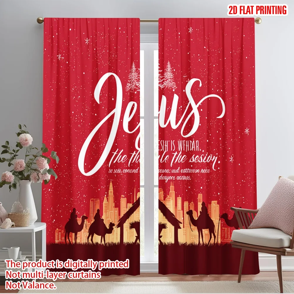 2pcs,2D plane printing Minimalist Curtains birth of Jesus Versatile Polyester Fabric (without rod) Versatile All Ldeal for